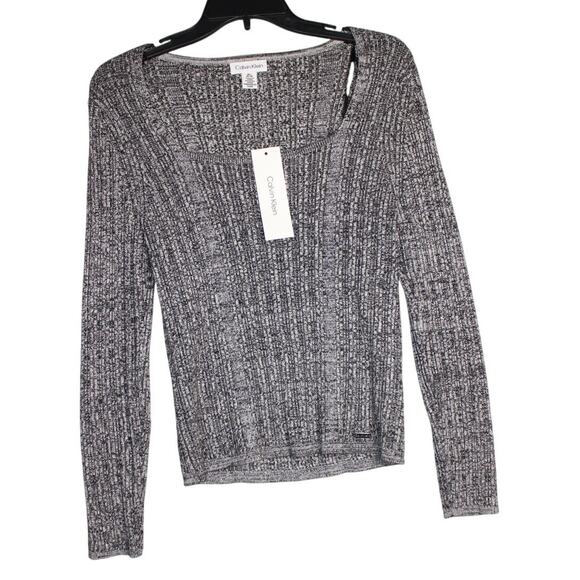 NWT Calvin Klein Size Medium Silver Metallic Black and Gray LS Pullover‎ Sweater - Picture 1 of 8